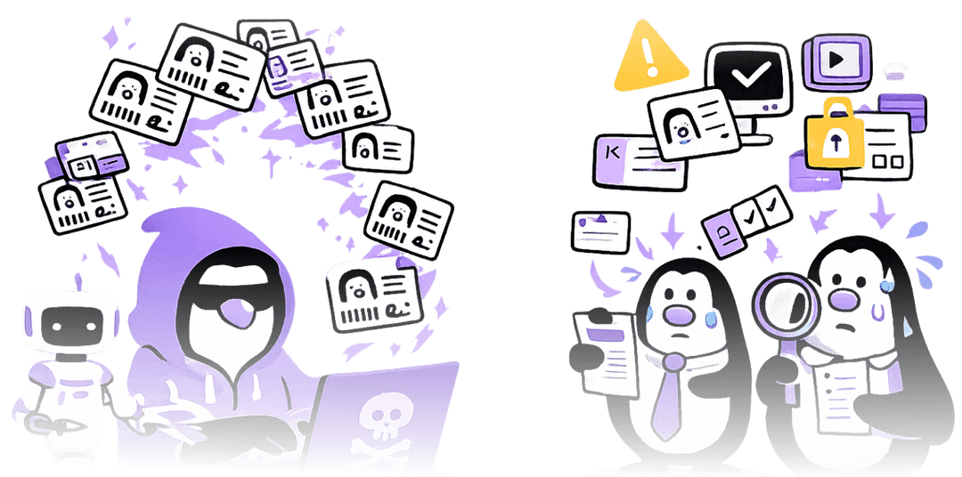 Illustration showing AI fraud on the left with a hacker and robot, and manual review burden on the right with overwhelmed reviewers